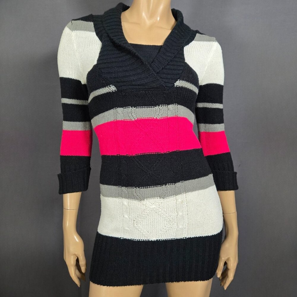 Y2K Striped Fitted Long Sweater Size S Hot Pink Black White Gray Emo Scene
